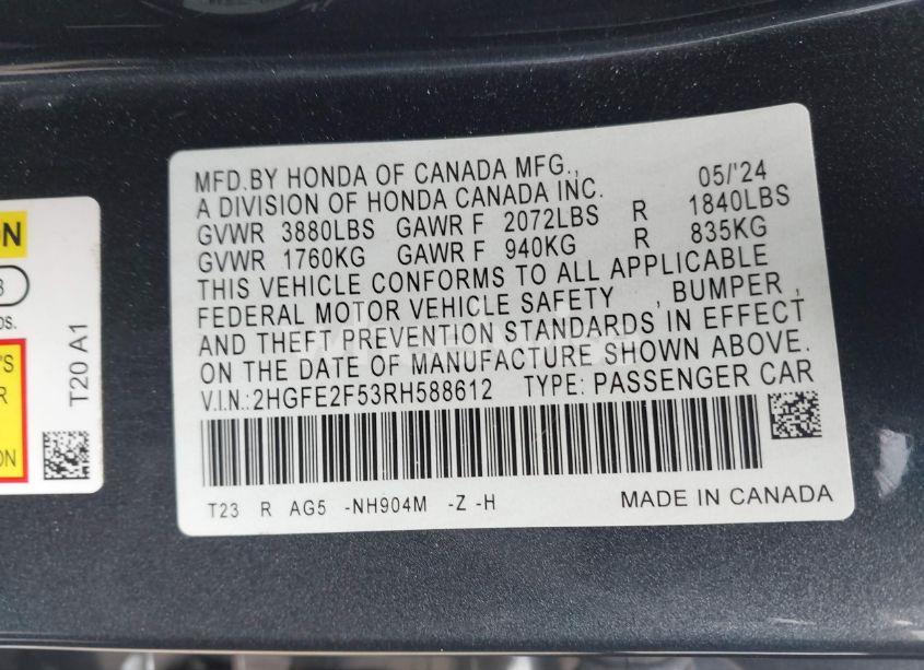 Photo 9 of 2024 Honda Civic SPORT (VIN 2HGFE2F53RH588612)