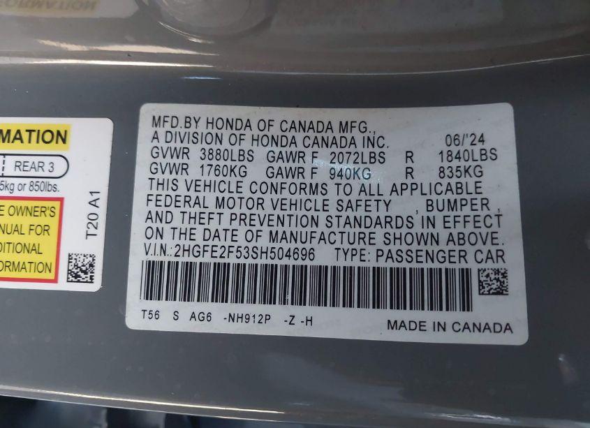 Photo 9 of 2025 Honda Civic SPORT (VIN 2HGFE2F53SH504696)