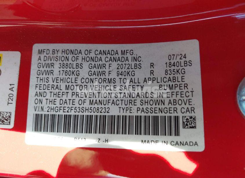 Photo 9 of 2025 Honda Civic SPORT (VIN 2HGFE2F53SH508232)