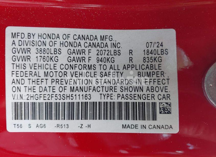 Photo 9 of 2025 Honda Civic SPORT (VIN 2HGFE2F53SH511163)