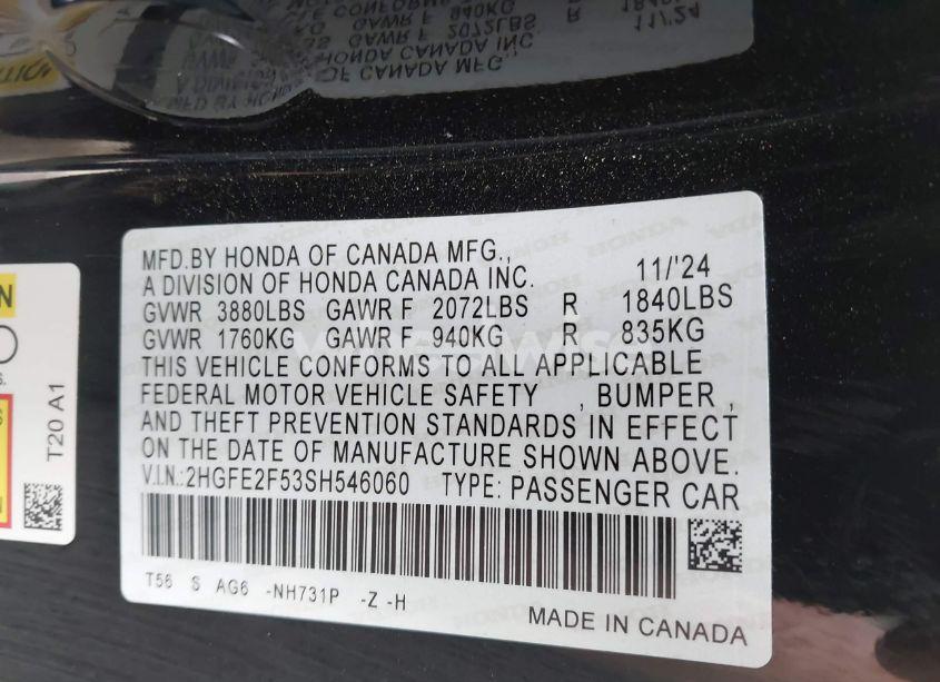 Photo 9 of 2025 Honda Civic SPORT (VIN 2HGFE2F53SH546060)