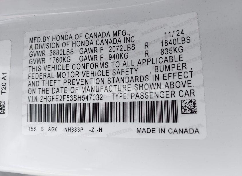 Photo 9 of 2025 Honda Civic SPORT (VIN 2HGFE2F53SH547032)