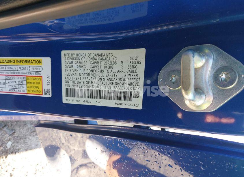 Photo 9 of 2022 Honda Civic SPORT (VIN 2HGFE2F54NH521043)