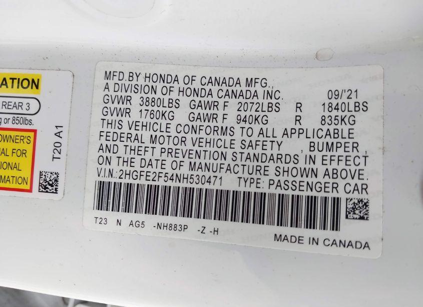 Photo 9 of 2022 Honda Civic SPORT (VIN 2HGFE2F54NH530471)