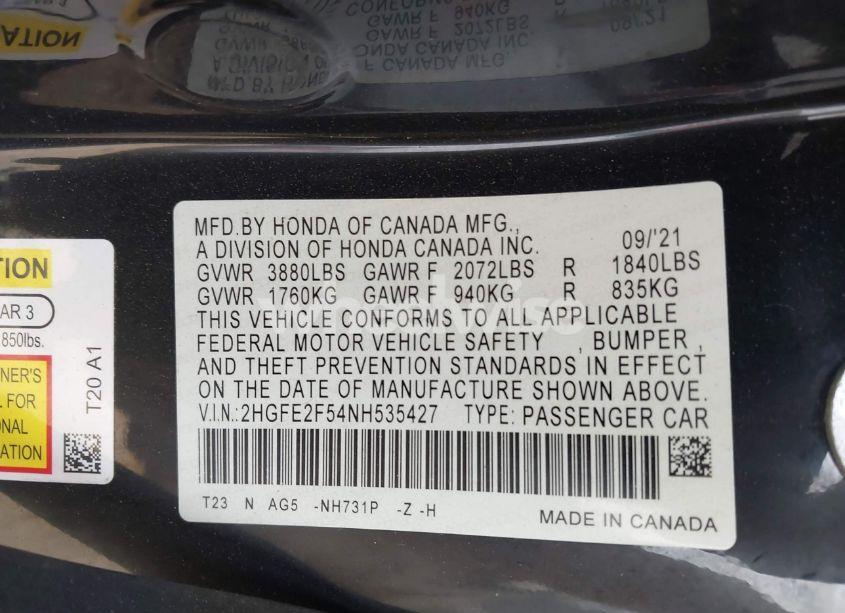 Photo 9 of 2022 Honda Civic SPORT (VIN 2HGFE2F54NH535427)