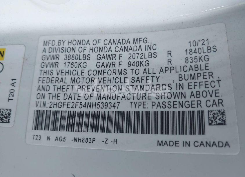 Photo 9 of 2022 Honda Civic SPORT (VIN 2HGFE2F54NH539347)