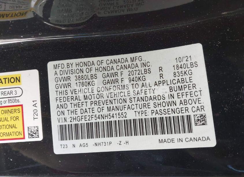 Photo 9 of 2022 Honda Civic SPORT (VIN 2HGFE2F54NH541552)