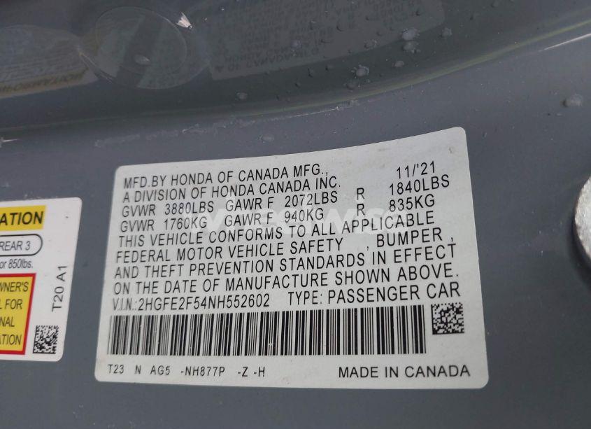 Photo 9 of 2022 Honda Civic SPORT (VIN 2HGFE2F54NH552602)