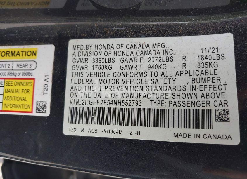 Photo 9 of 2022 Honda Civic SPORT (VIN 2HGFE2F54NH552793)