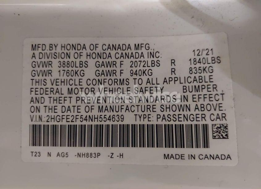 Photo 9 of 2022 Honda Civic SPORT (VIN 2HGFE2F54NH554639)