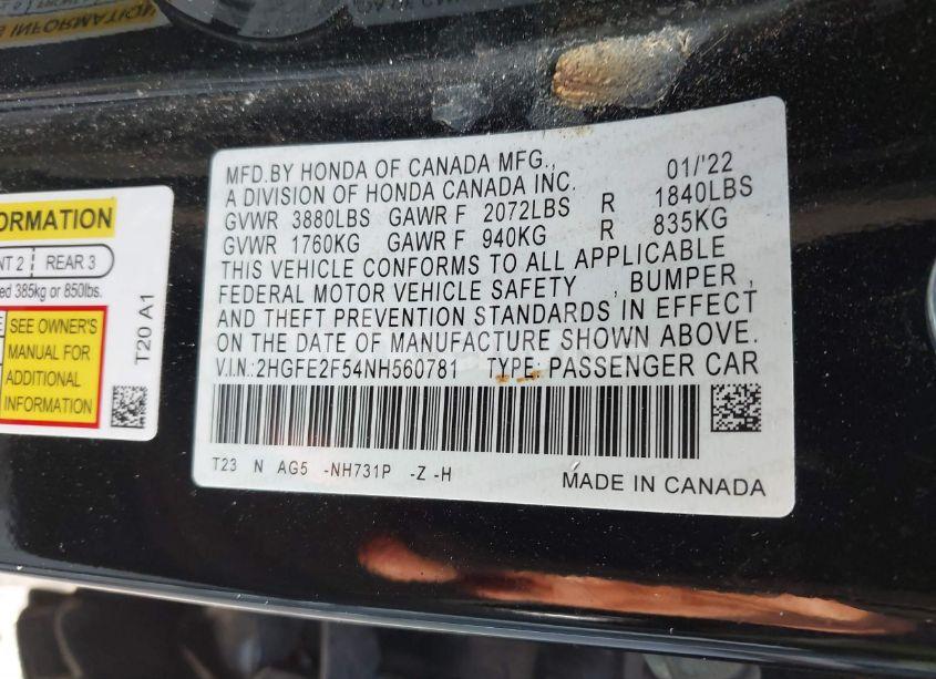 Photo 9 of 2022 Honda Civic SPORT (VIN 2HGFE2F54NH560781)