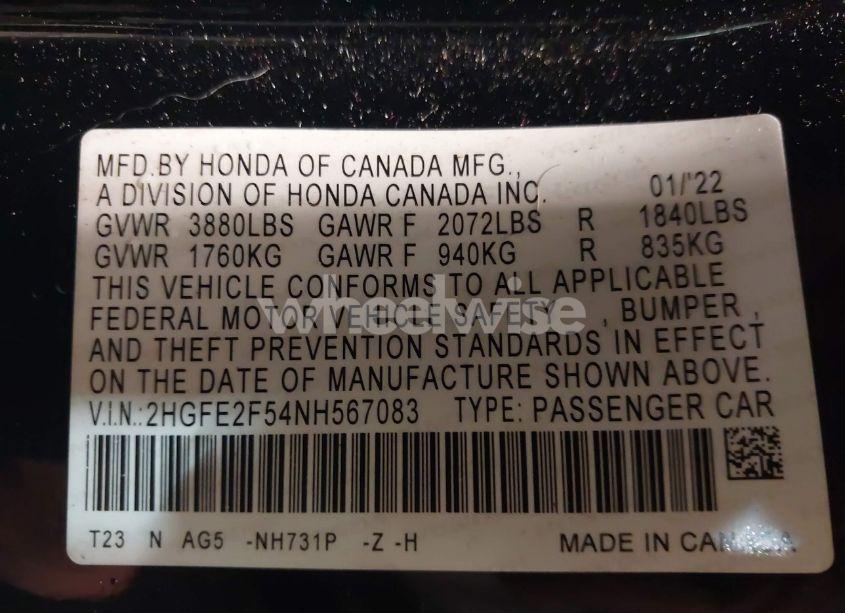 Photo 9 of 2022 Honda Civic SPORT (VIN 2HGFE2F54NH567083)