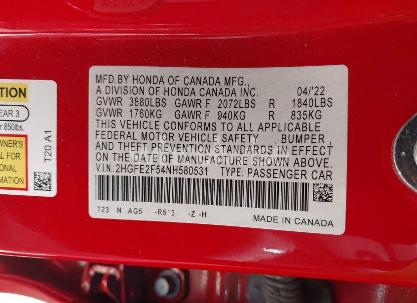 Photo 9 of 2022 Honda Civic SPORT (VIN 2HGFE2F54NH580531)