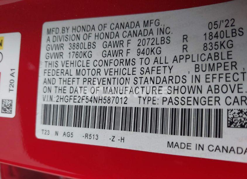 Photo 9 of 2022 Honda Civic SPORT (VIN 2HGFE2F54NH587012)