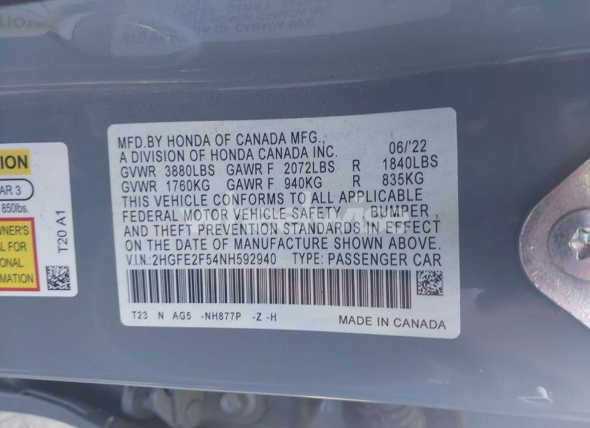 Photo 9 of 2022 Honda Civic SPORT (VIN 2HGFE2F54NH592940)