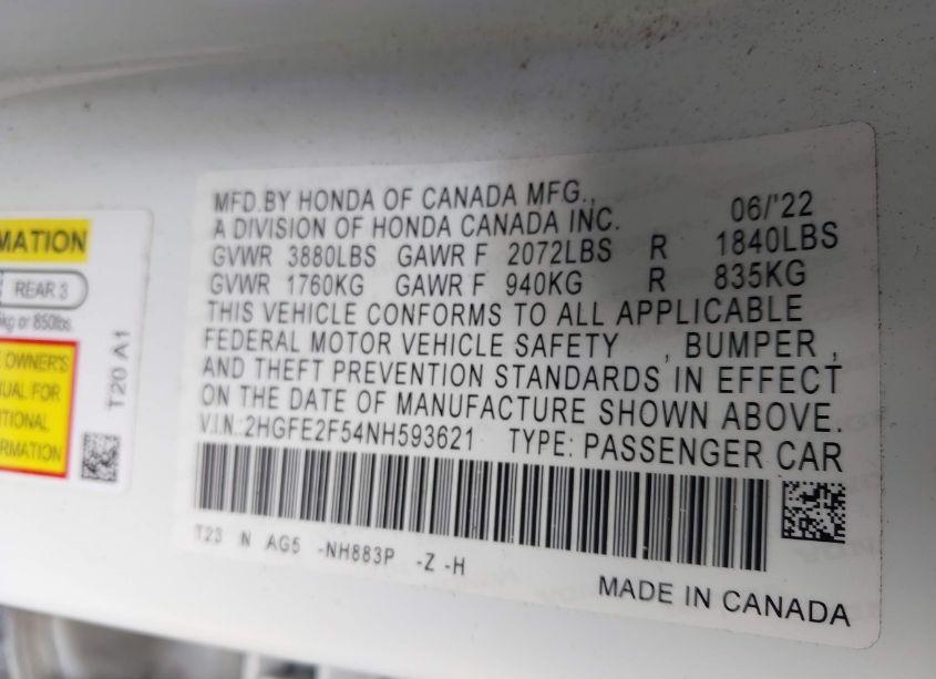 Photo 9 of 2022 Honda Civic SPORT (VIN 2HGFE2F54NH593621)