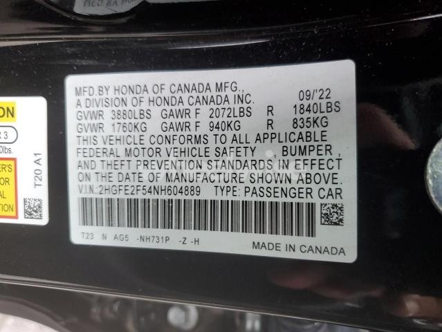 2022 HONDA CIVIC SPORT (VIN 2HGFE2F54NH604889) main photo