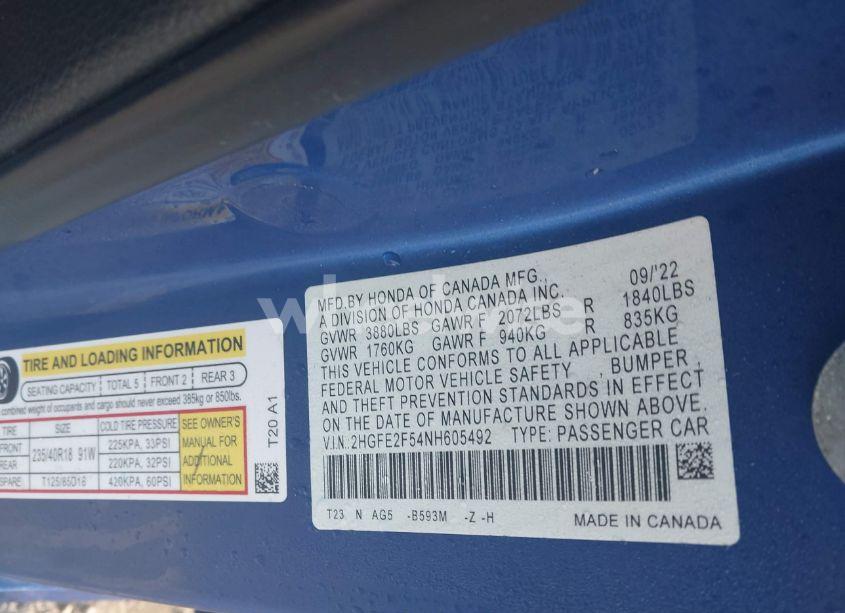 Photo 9 of 2022 Honda Civic SPORT (VIN 2HGFE2F54NH605492)