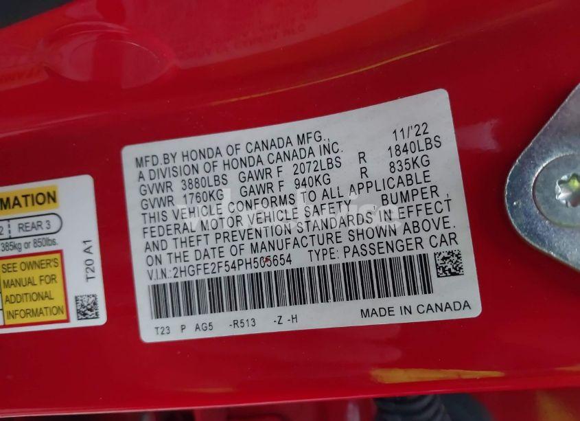 Photo 9 of 2023 Honda Civic SPORT (VIN 2HGFE2F54PH505654)