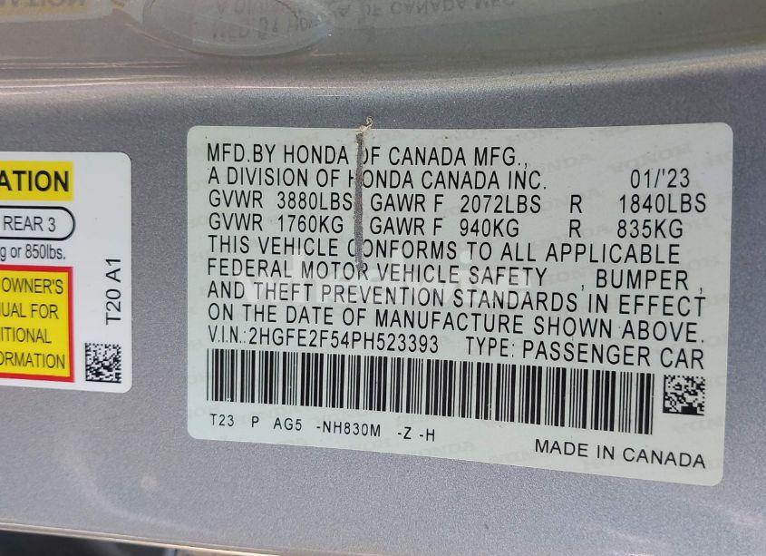 Photo 9 of 2023 Honda Civic SPORT (VIN 2HGFE2F54PH523393)