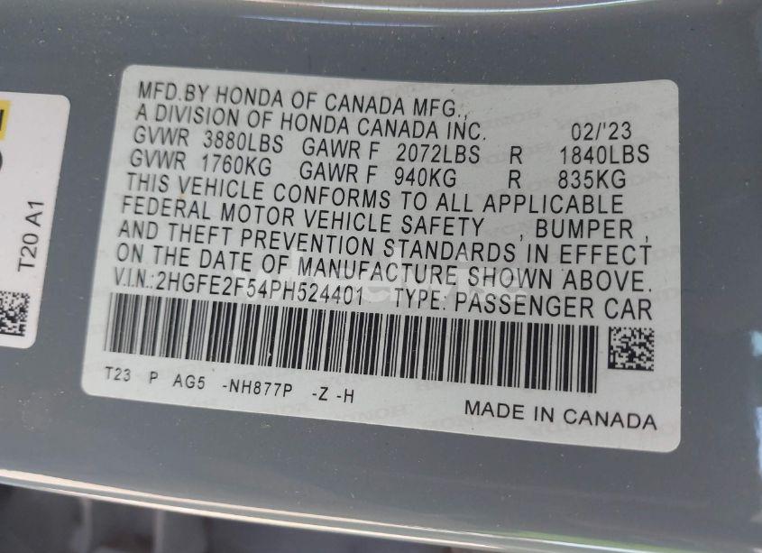 Photo 9 of 2023 Honda Civic SPORT (VIN 2HGFE2F54PH524401)