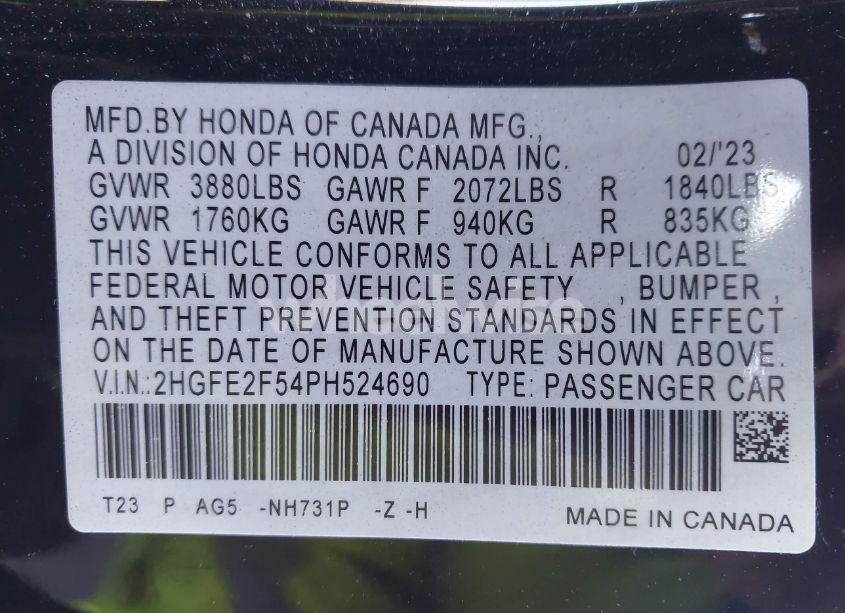 Photo 9 of 2023 Honda Civic SPORT (VIN 2HGFE2F54PH524690)