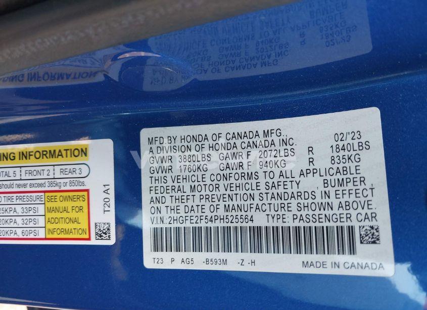 Photo 9 of 2023 Honda Civic SPORT (VIN 2HGFE2F54PH525564)