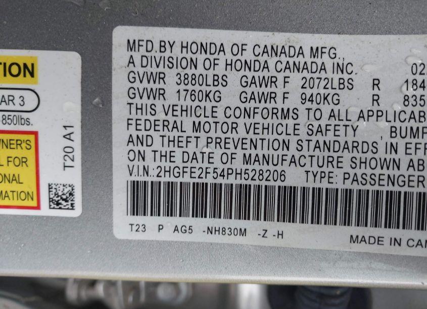 Photo 9 of 2023 Honda Civic SPORT (VIN 2HGFE2F54PH528206)