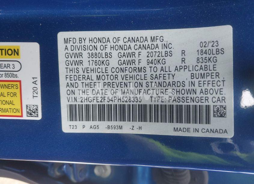 Photo 9 of 2023 Honda Civic SPORT (VIN 2HGFE2F54PH528335)