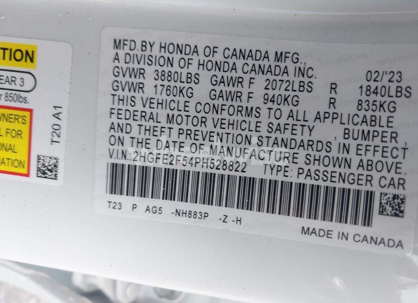 Photo 9 of 2023 Honda Civic SPORT (VIN 2HGFE2F54PH528822)