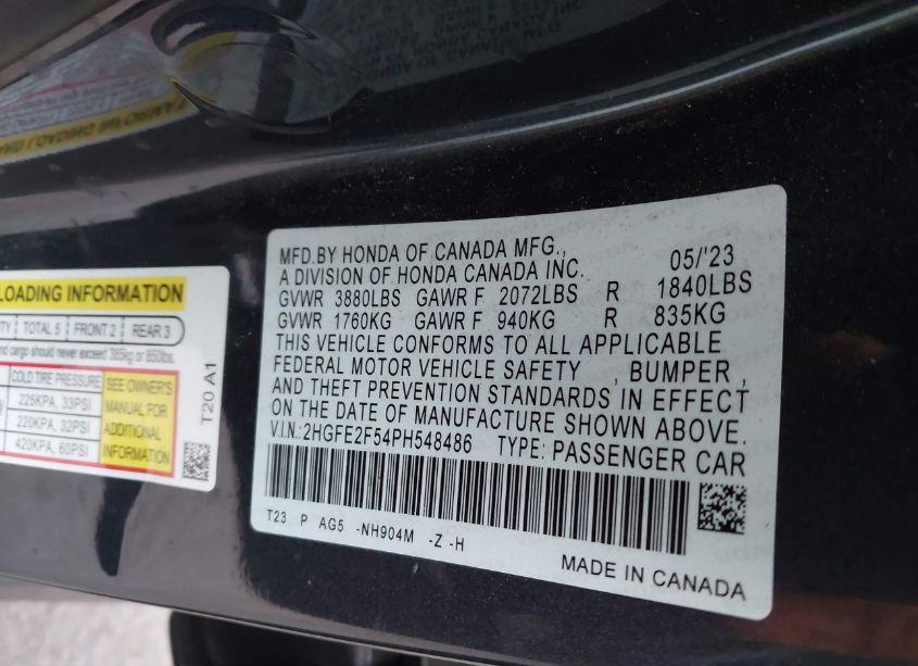 Photo 9 of 2023 Honda Civic SPORT (VIN 2HGFE2F54PH548486)