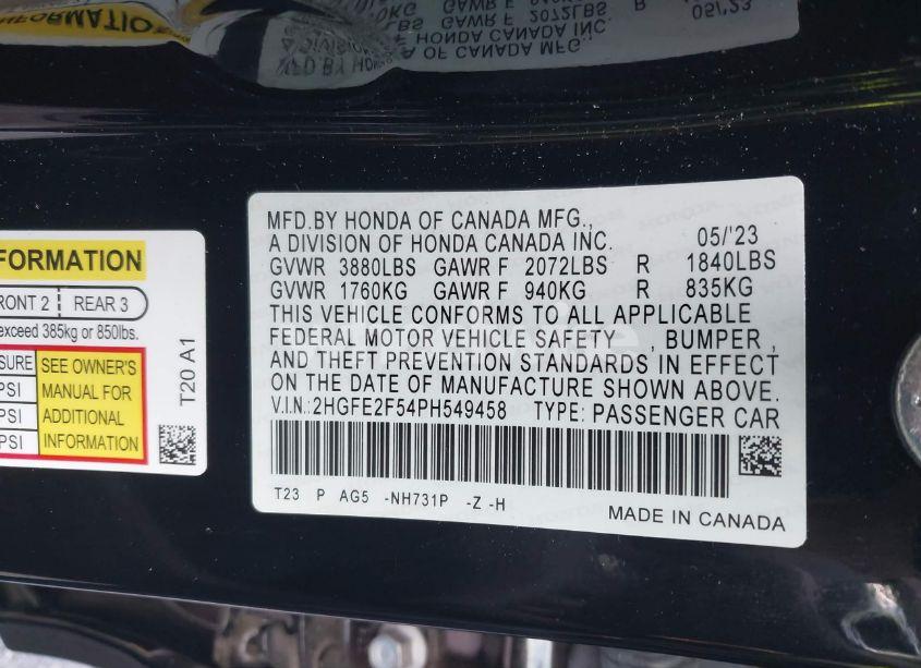 Photo 9 of 2023 Honda Civic SPORT (VIN 2HGFE2F54PH549458)