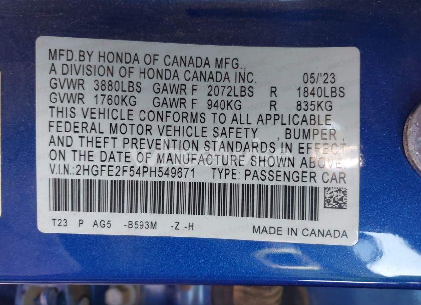 Photo 9 of 2023 Honda Civic SPORT (VIN 2HGFE2F54PH549671)