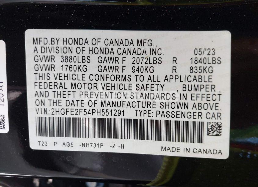 Photo 9 of 2023 Honda Civic SPORT (VIN 2HGFE2F54PH551291)