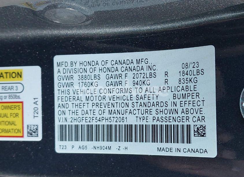 Photo 9 of 2023 Honda Civic SPORT (VIN 2HGFE2F54PH572061)