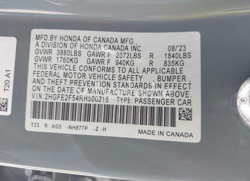 Photo 9 of 2024 Honda Civic SPORT (VIN 2HGFE2F54RH500215)