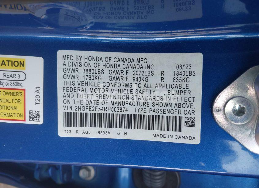 Photo 9 of 2024 Honda Civic SPORT (VIN 2HGFE2F54RH503874)