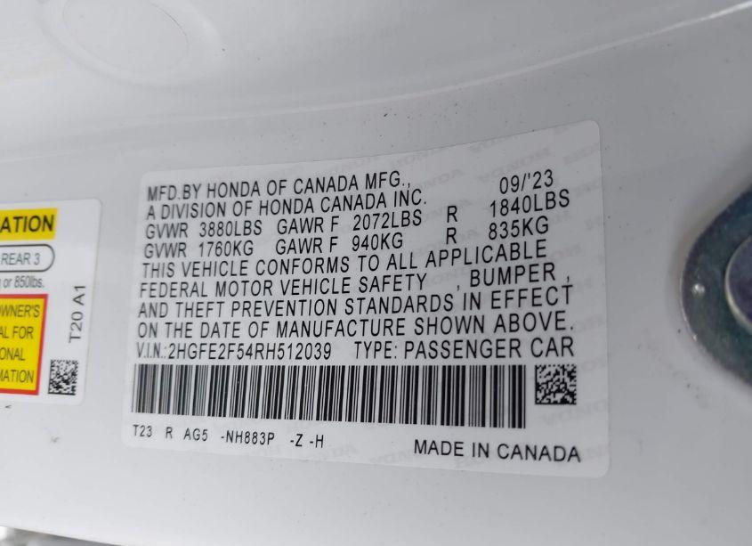 Photo 9 of 2024 Honda Civic SPORT (VIN 2HGFE2F54RH512039)