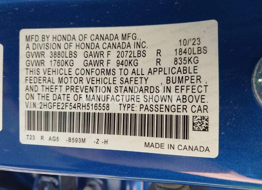 Photo 9 of 2024 Honda Civic SPORT (VIN 2HGFE2F54RH516558)