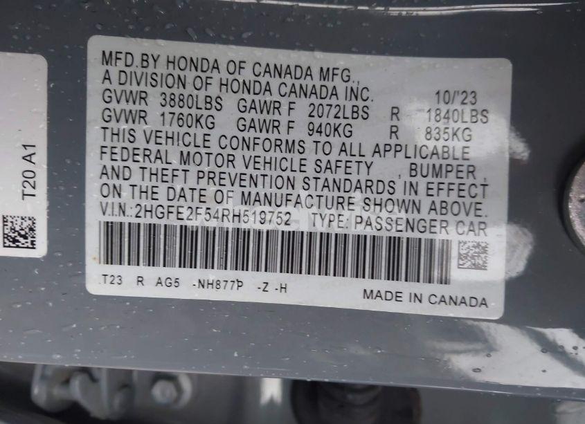 Photo 9 of 2024 Honda Civic SPORT (VIN 2HGFE2F54RH519752)