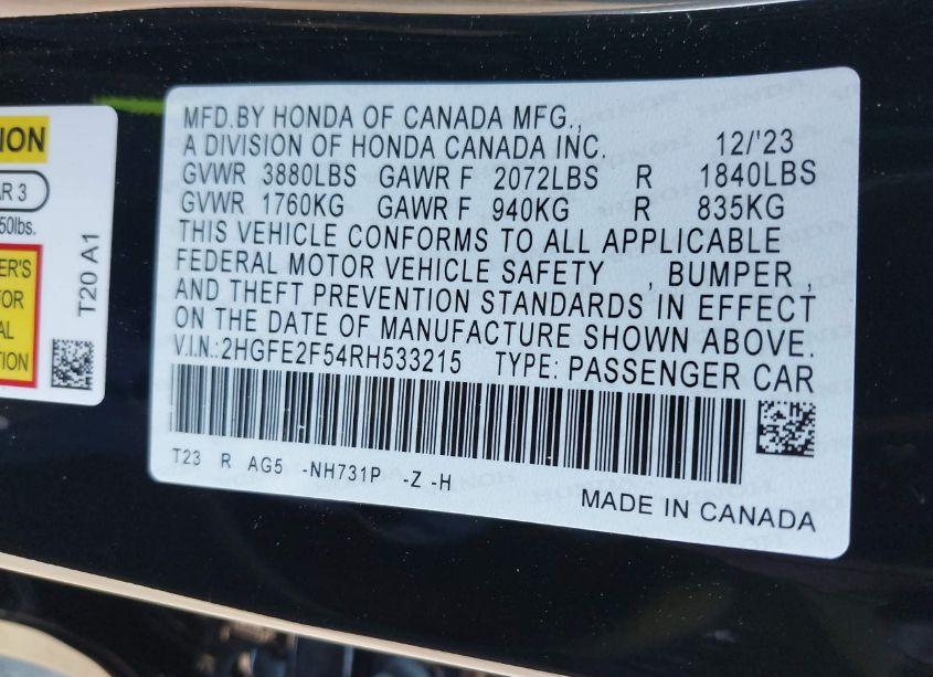 Photo 9 of 2024 Honda Civic SPORT (VIN 2HGFE2F54RH533215)