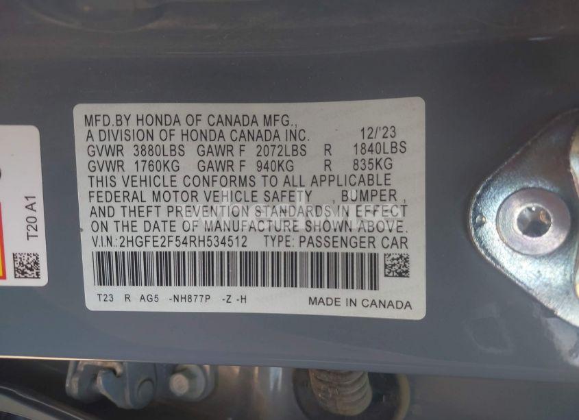 Photo 9 of 2024 Honda Civic SPORT (VIN 2HGFE2F54RH534512)