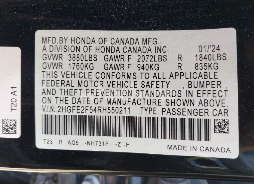 Photo 9 of 2024 Honda Civic SPORT (VIN 2HGFE2F54RH550211)