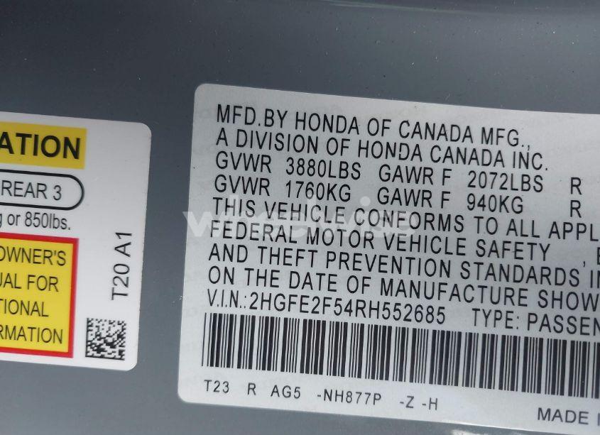 Photo 9 of 2024 Honda Civic SPORT (VIN 2HGFE2F54RH552685)