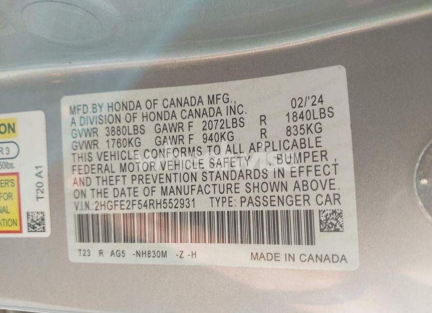 Photo 9 of 2024 Honda Civic SPORT (VIN 2HGFE2F54RH552931)