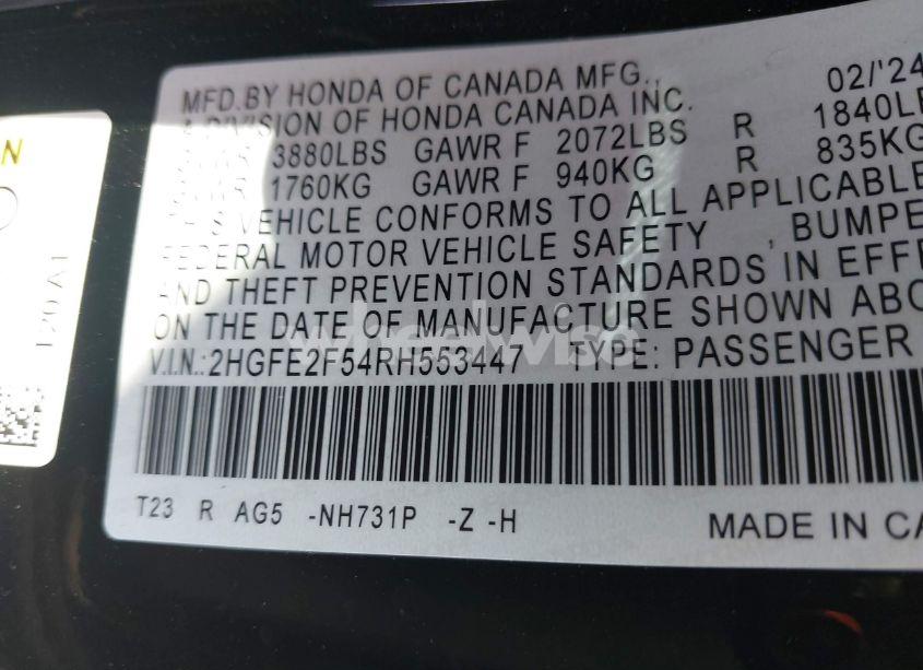 Photo 9 of 2024 Honda Civic SPORT (VIN 2HGFE2F54RH553447)