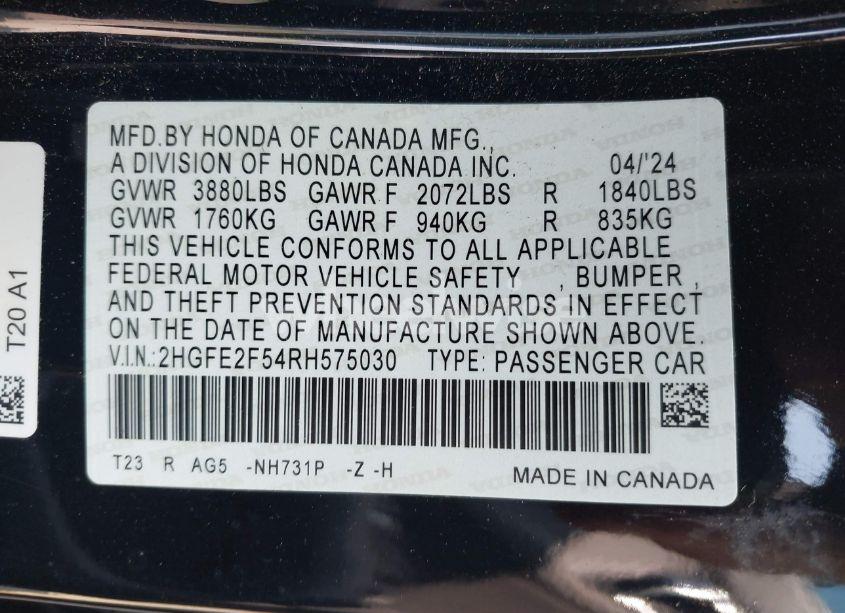 Photo 9 of 2024 Honda Civic SPORT (VIN 2HGFE2F54RH575030)