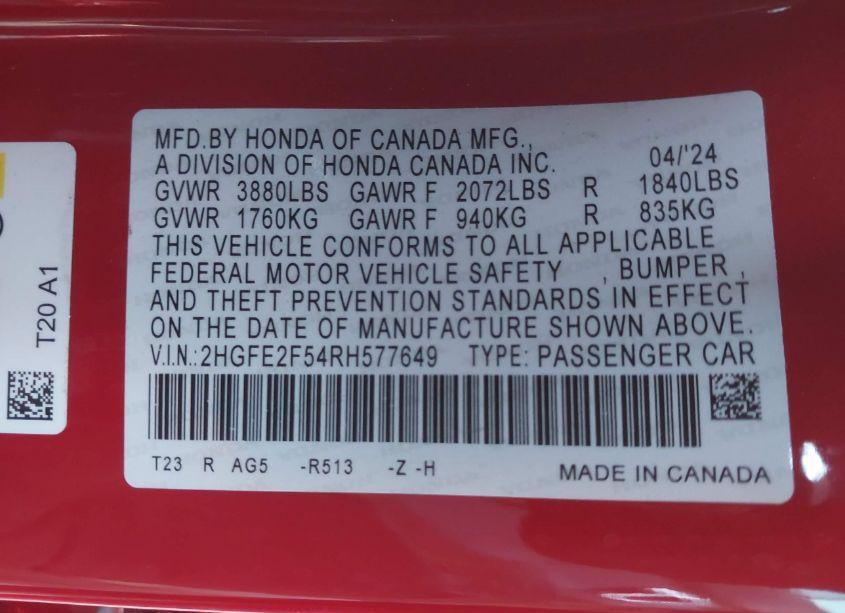 Photo 9 of 2024 Honda Civic SPORT (VIN 2HGFE2F54RH577649)