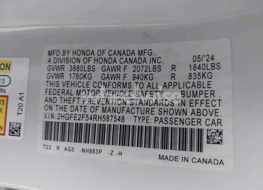 Photo 9 of 2024 Honda Civic SPORT (VIN 2HGFE2F54RH587548)