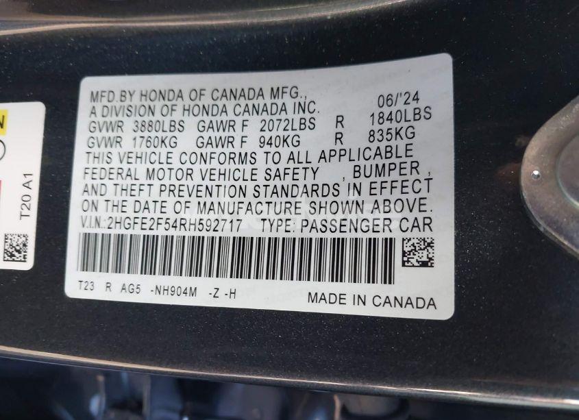Photo 9 of 2024 Honda Civic SPORT (VIN 2HGFE2F54RH592717)